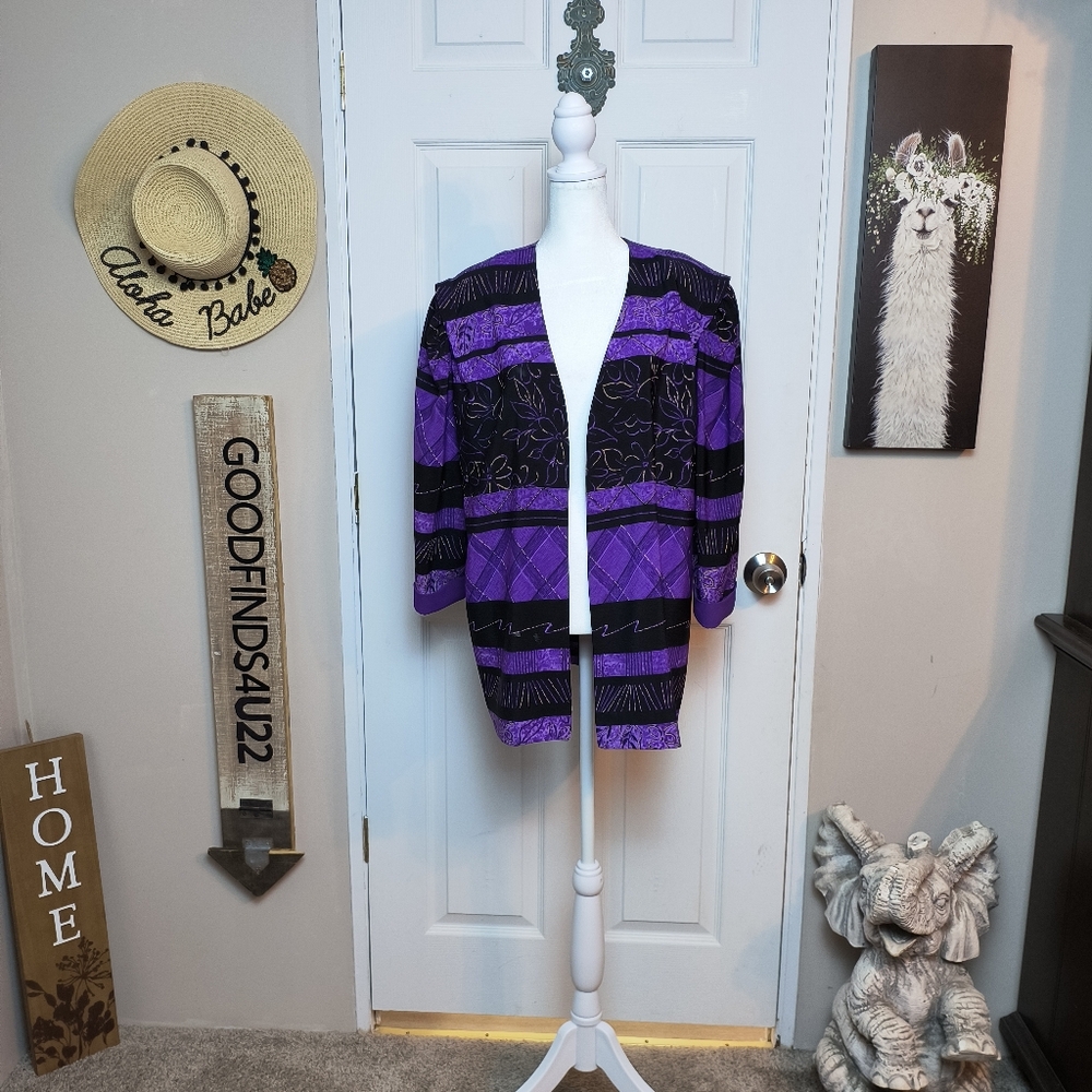 Vintage Leslie Belle Cardigan Floral Geometric Size 16  Lightweight Art To Wear